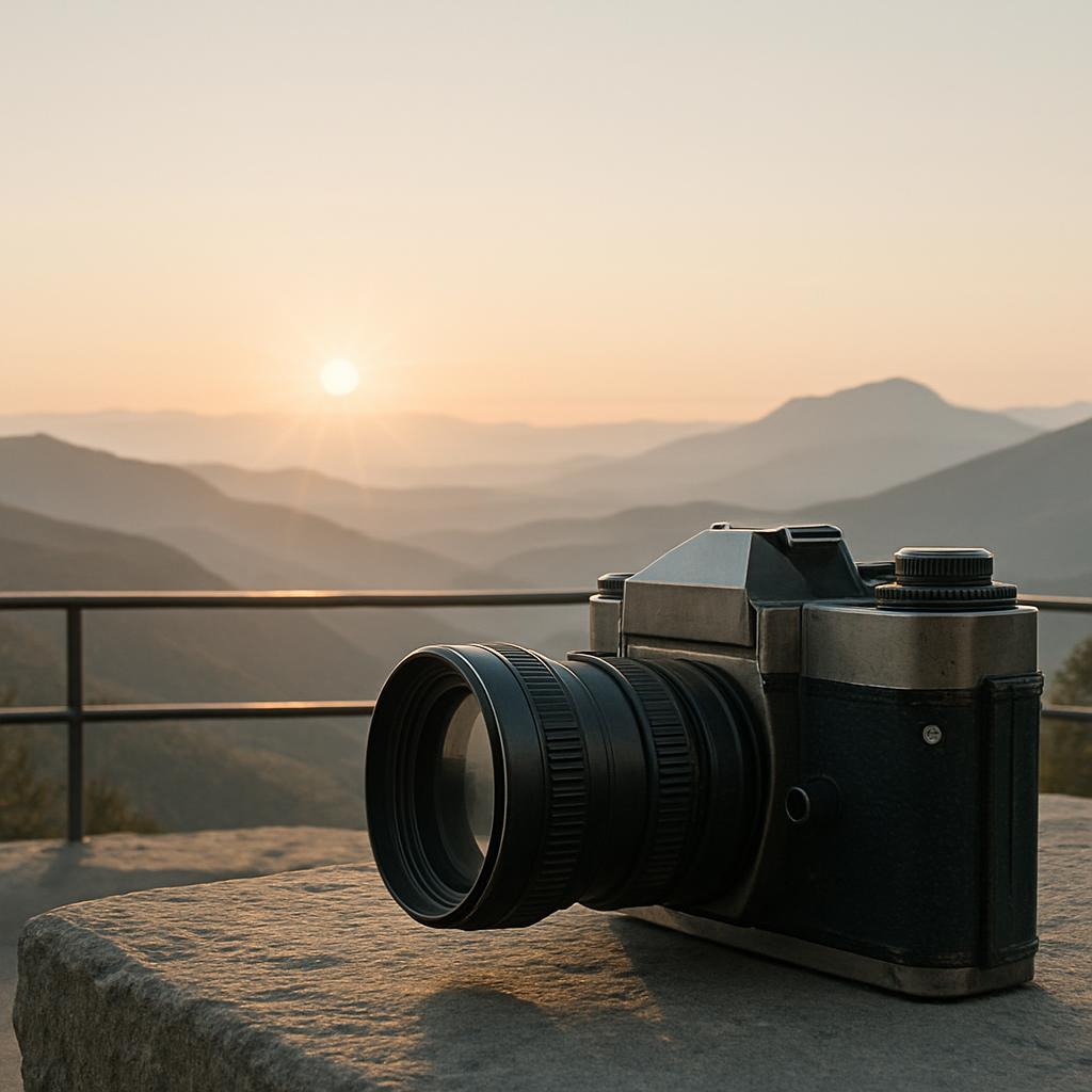 A camera lies on a stone at a scenic overlook at sunrise or sunset. IndexError