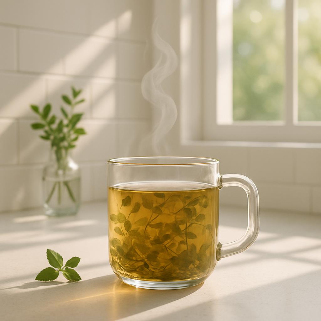 A clear glass mug containing light brown tea, steaming and featuring natural sprigs, sits next to a white countertop and a...