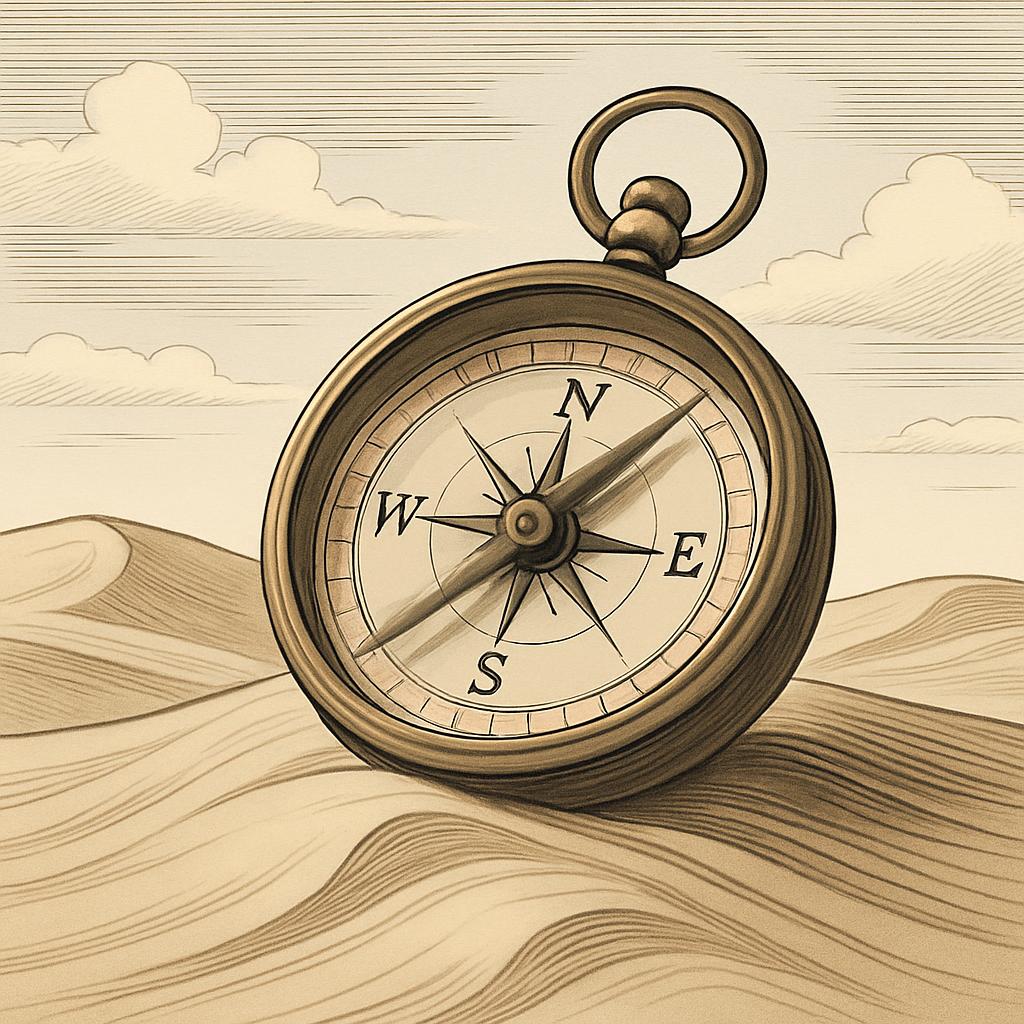 A sepia-tinged compass on a sandy surface, depicting a desert scene with clouds in the background.